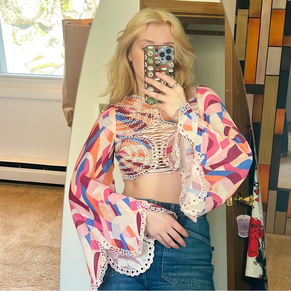 Free People Eyes on You lace up long sleeve crop top